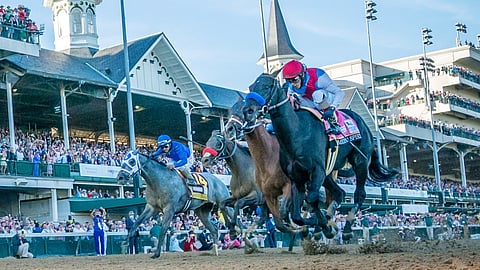 The late Medina Spirit, "winning" the 2021 Kentucky Derby at Churchill Downs.