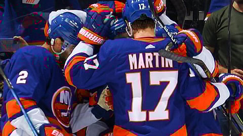 The Islanders celebrate a playoff win over the Penguins.