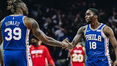 Sixer Shake Milton congratulates Dwight Howard on helping Fats finally win one.