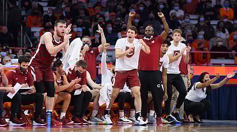 Colgate celebrates a big win at Syracuse. Tonight they're favored at Harvard.