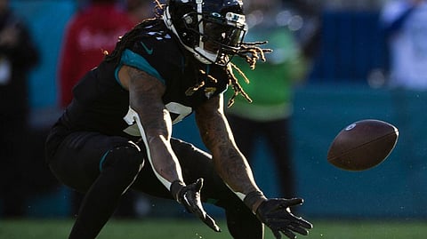 Jaguar Rayshawn Jenkins, just before a game-winning Pick 6 against the Cowboys.