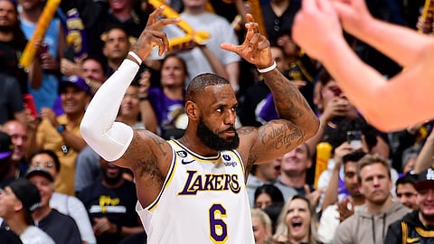 LeBron gets the crowd fired up for a Lakers home play-in game.