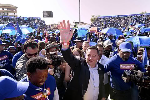 John Steenhuisen, leader of Democratic Alliance (DA), waves to supporters at the closing party rally in Benoni, South Africa, on Sunday, May 26, 2024.