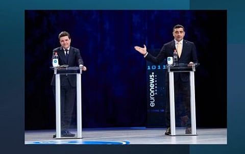 Nicușor Dan (left), the liberal mayor of Bucharest, debates George Simion, the hard-right populist, on 8 May 2025.