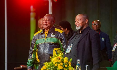 President of the ANC Cyril Ramaphosa and Gwede Mantashe at the African National Congress (ANC) 6th National Policy Conference on Day 1 at Nasrec Expo on July 29, 2022 in Johannesburg, South Africa. The ANC will review policies, reflect on its role in society and discuss a plan for the next five years.