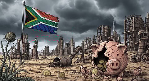 An illustrated image depicting the demise of the South African economy