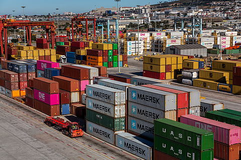 Containers stacked on a dock at the Port of Cape Town in Cape Town, South Africa.