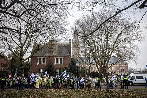 Pro-Israel demonstrators march towards the International Court of Justice (ICJ) in The Hague, Netherlands
