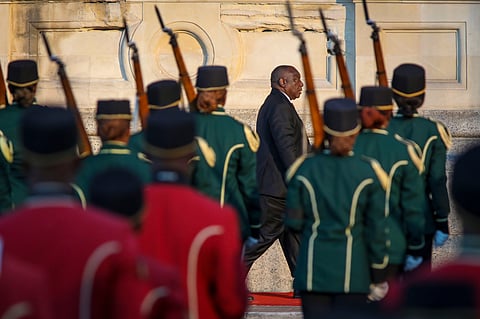 Cyril Ramaphosa, South Africa's president, center, arrives at City Hall for the State of the Nation Address (SoNA) in Cape Town, South Africa, on Thursday, Feb. 6, 2025.
