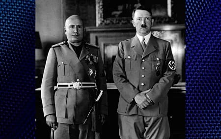 Two fascist dictators, Benito Mussolini and Adolf Hitler, during the former’s visit to Munich on 19 June 1940.