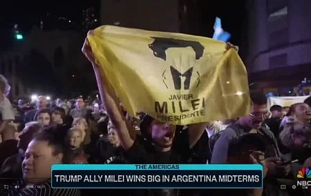 A supporter of Javier Milei celebrates his unexpected triumph in Argentina’s make-or-break mid-term elections.
