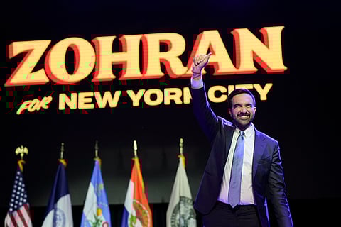 New York mayor-elect Zohran Mamdani celebrates on stage during an election night event at The Brooklyn Paramount Theater in New York.
