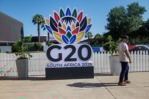 Signage outside of the media center during the G-20 Summit in Johannesburg.