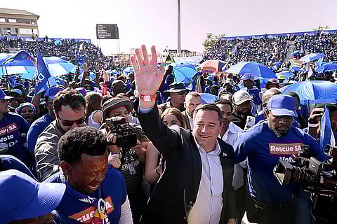 John Steenhuisen, leader of Democratic Alliance (DA), waves to supporters at the closing party rally in Benoni, South Africa