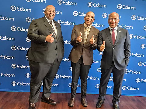 Dan Marokane, Eskom CEO (left); Kgosientsho Ramokgopa, Minister of Energy and Electricity (middle); Mteto Nyati, Eskom chairman (right)