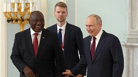 SAINT PETERSBURG, RUSSIA - JULY 29 (RUSSIA OUT) Russian President Vladimir Putin (R) greets South African President Cyril Ramaphosa (L) during their bilateral meeting, on July 29,2023, in Saint Petersburg, Russia. President Putin hosted just 17 African leaders in this years's summit compared with the 43 who attended in 2019 participate in the Russia-African Summit. Talks centred with food security and the war in Ukraine. (Photo by Contributor/Getty Images)