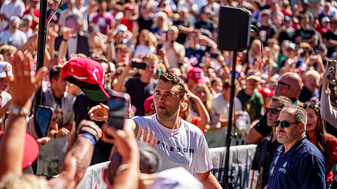 OREM, UTAH - SEPTEMBER 10: Charlie Kirk appears at Utah Valley University on September 10, 2025 in Orem, Utah. Kirk, founder of Turning Point USA, was speaking at his "American Comeback Tour" when he was shot in the neck and killed. (Photo by Trent Nelson/The Salt Lake Tribune/Getty Images)