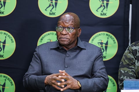 JOHANNESBURG, SOUTH AFRICA - JUNE 18: Former President and leader of MK Party Jacob Zuma briefs the media on the outcomes of the National Officials meeting at CedarWoods of Sandton on June 18, 2026 in Johannesburg, South Africa. The briefing also addressed recent developments within the party. (Photo by Gallo Images/Luba Lesolle)