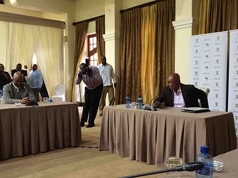 President Jacob Zuma (right) about to take questions from editors. His cabinet colleague Jeff Radebe is to the left.