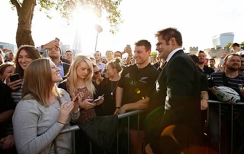 New Zealand's captain Richie McCaw speaks to fans during the welcome ceremony for the Rugby World Cup in London.
Action Images via Reuters / Andrew Couldridge
Livepic