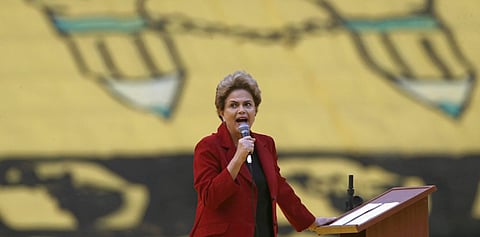 Brazil's President Dilma Rousseff speaks during the closing ceremony of the "March of the Daisies" at the Mane Garrincha Stadium in Brasilia August 12, 2015. Thousands of women farmers marched through Brazil's capital on Wednesday in a show of support for Rousseff ahead of nationwide protests on Sunday calling for her impeachment. The "March of the Daisies," organized by leftist groups linked to Rousseff's Workers Party, attracted about 35,000 farmers to Brasilia's downtown area, according to official estimates. REUTERS/Ueslei Marcelino