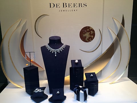 A display in the shop window of the De Beers retail store on Piccadilly Street in London