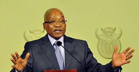 President Jacob Zuma briefing media after the final meeting with the outgoing National Planning Commission(NPC) at the Union Buildings in Pretoria. South Africa. 30/04/2015. Siyabulela Duda