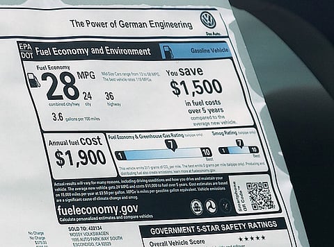 The fuel economy and smog ratings are shown on the sticker price of a 2015 Passat limited edition vehicle at a Volkswagen dealership in Escondido, California, September 21, 2015. Lawmakers on a panel in the House of Representatives will hold a hearing on Volkswagen's emissions from diesel vehicles in coming weeks, lawmakers said on Monday. The House Oversight and Investigations subcommittee will hold a hearing on Volkswagen's issues with diesel cars sold in the United States from 2008 to 2015. The Environmental Protection Agency on Friday accused Volkswagen of including software in the diesel vehicles that allowed them to emit pollutants above legal limits pollutants while on the road, but reduced the pollution during emissions tests. REUTERS/Mike Blake TPX IMAGES OF THE DAY
