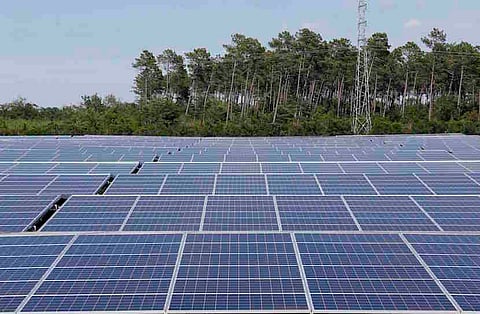 A general view shows solar panels used to produce renewable energy at the photovoltaic park in Cestas, France, in this picture taken on June 19, 2015. The solar farm of Cestas, the biggest in Europe, consists of 1 Million solar modules covering an area of 2,5 km2 of land and representing 300 MW of power. France will double the amount of solar power capacity it will commission to be built in a tender after high demand and competitive prices emerged during bidding, the French energy ministry said August 20, 2015. Picture taken June 19, 2015. REUTERS/Regis Duvignau