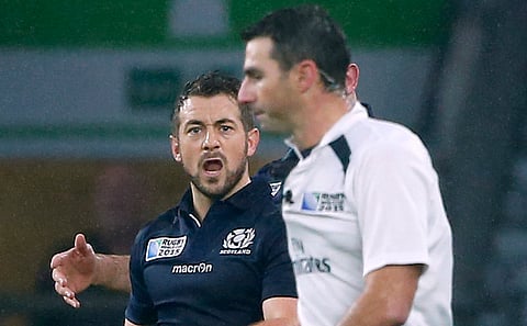 Rugby Union - Australia v Scotland - IRB Rugby World Cup 2015 Quarter Final - Twickenham Stadium, London, England - 18/10/15
Scotland's Greig Laidlaw shouts at referee Craig Joubert after he awarded a penalty to Australia in the last minute of the game
Reuters / Eddie Keogh