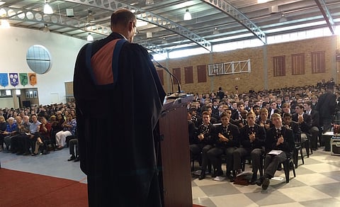 A pic from the stage showing some of the 1,500 Maritzburg College boys and parents assembled for the school's Annual Speech Day where Biznews's Alec Hogg was the guest of honour.