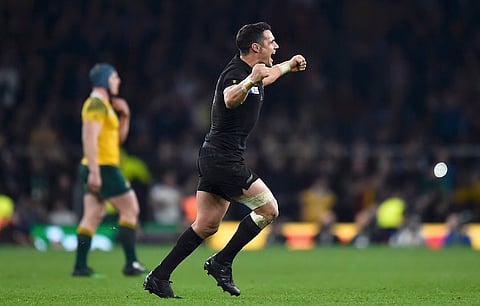 Dan Carter of New Zealand reacts on the final whistle after winning their Rugby World Cup final match against Australia at Twickenham in London, Britain October 31, 2015. REUTERS/Toby Melville