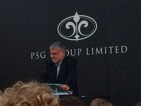 PSG founder Jannie Mouton sharing the company's 20th anniversary with assembled friends at the Arabella Resort in Hermanus.