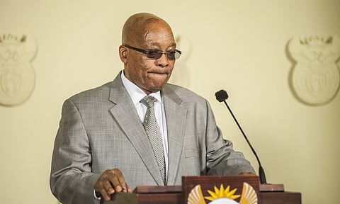 Jacob Zuma, South Africa's president, pauses whilst speaking at the swearing in ceremony for David van Rooyen, South Africa's incoming finance minister, at the Union Buildings in Pretoria, South Africa, on Thursday, Dec. 10, 2015. The rand fell for a sixth day in the longest streak of losses since November 2013, stocks slid and bond prices tumbled the most on record after South African President Jacob Zuma fired Finance Minister Nhlanhla Nene and replaced him with a little-known lawmaker. Photographer: Waldo Swiegers/Bloomberg