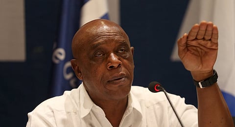 Tokyo Sexwale, chairman of the FIFA Monitoring Committee Israel-Palestine, gestures during a news conference. REUTERS/Mohamad Torokman