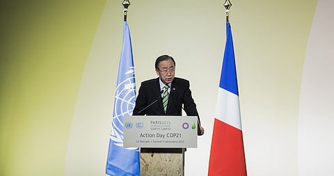 Ban Ki-Moon, secretary-general of the United Nations (UN), speaks during the action day at the United Nations COP21 climate summit, at Le Bourget, in Paris, France, on Saturday, Dec. 5, 2015. France’s energy and environment minister Segolene Royal yesterday said the fate of the United Nations global warming talks hinges on the willingness of richer countries to pay poorer ones more for climate-related projects. Photographer: Christophe Morin/Bloomberg