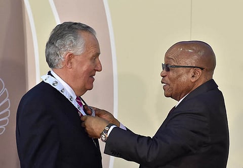 President Jacob Zuma bestows the Order of the Companions of OR Tambo in Silver to Peter Hain (UK)). President Jacob Zuma bestows the National Orders Awards on local citizens and eminent foreign nationals who have contributed immensely towards the advancement of democracy, excelled in various endeavours as well as those who have made a significant impact on improving the lives of South Africans in various ways. 08/12/2015, Sefako Makgatho Presidential Guest House, Pretoria, Elmond Jiyane, GCIS
