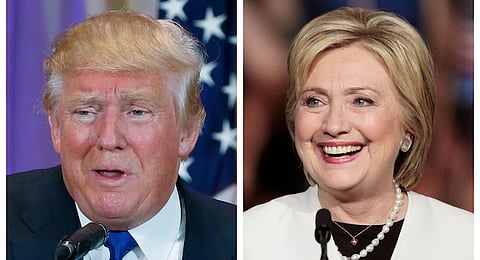 A combination photo shows Republican U.S. presidential candidate Donald Trump (L) in Palm Beach, Florida and Democratic U.S. presidential candidate Hillary Clinton (R) in Miami, Florida at their respective Super Tuesday primaries campaign events on March 1, 2016. Republican Donald Trump and Democrat Hillary Clinton rolled up a series of wins on Tuesday, as the two presidential front-runners took a step toward capturing their parties' nominations on the 2016 campaign's biggest day of state-by-state primary voting. REUTERS/Scott Audette (L), Javier Galeano (R)