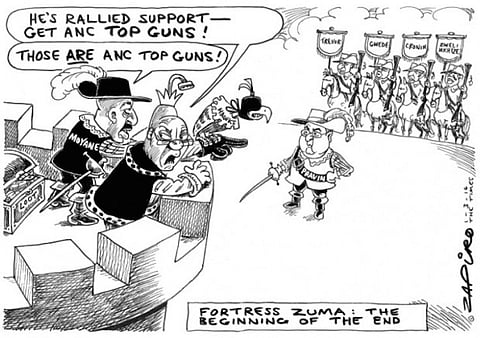 Fortress Zuma coming under attack by forces led by Finance Minister Pravin Gordhan. More Zapiro magic available at www.zapiro.com.