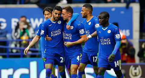 Football Soccer - Leicester City v Swansea City - Barclays Premier League - The King Power Stadium - 15/16 - 24/4/16
Riyad Mahrez celebrates with team mates after scoring the first goal for Leicester
Reuters / Darren Staples
EDITORIAL USE ONLY. No use with unauthorized audio, video, data, fixture lists, club/league logos or "live" services. Online in-match use limited to 45 images, no video emulation. No use in betting, games or single club/league/player publications. Please contact your account representative for further details.