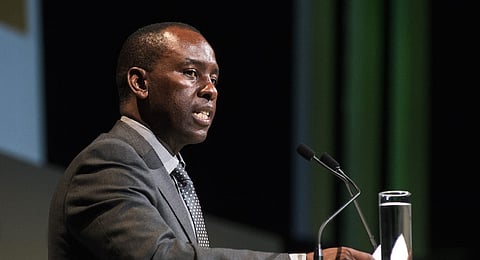Mosebenzi Zwane, South Africa's mineral resources minister, speaks on the opening day of the Investing in African Mining Indaba in Cape Town, South Africa, on Monday, Feb. 8, 2016. With many miners battling to stay afloat, fewer are willing to shell out 1,140 pounds ($1,641) for the Investing in African Mining Indaba conference in South Africa and business-class airfare. Photographer: Waldo Swiegers/Bloomberg *** Local Caption *** Mosebenzi Zwane