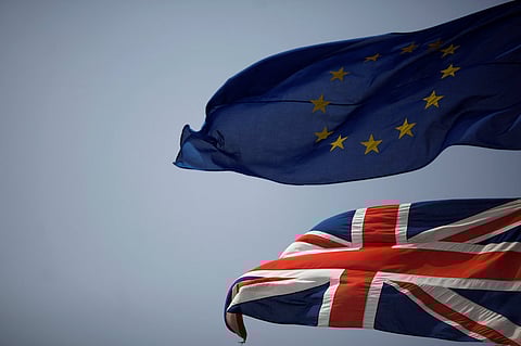 The Union Jack and the European Union flag are seen flying in the British overseas territory of Gibraltar.