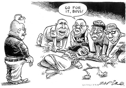The famous 'Rape of Lady Justice' cartoon that saw Zapiro face a R5m lawsuit from President Jacob Zuma, who threw the towel in three years after its publication. More magic available at www.zapiro.com.