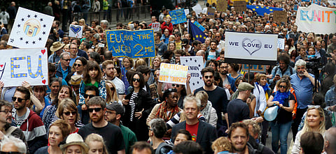 People hold banners during a 'March for Europe' demonstration against Britain's decision to leave the European Union, in central London, Britain July 2, 2016. Britain voted to leave the European Union in the EU Brexit referendum. REUTERS/Tom Jacobs