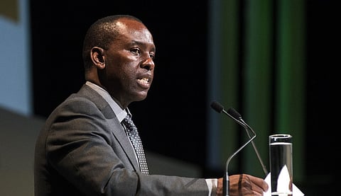 Mosebenzi Zwane, South Africa's mineral resources minister, speaks on the opening day of the Investing in African Mining Indaba in Cape Town, South Africa, on Monday, Feb. 8, 2016. With many miners battling to stay afloat, fewer are willing to shell out 1,140 pounds ($1,641) for the Investing in African Mining Indaba conference in South Africa and business-class airfare. Photographer: Waldo Swiegers/Bloomberg *** Local Caption *** Mosebenzi Zwane