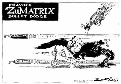 Finance Minister Pravin Gordhan dodging bullets. More magic available at www.zapiro.com.