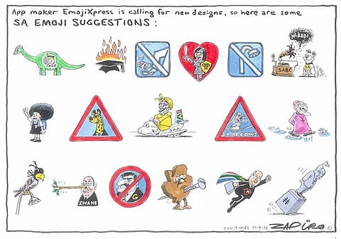 The many emojis of South Africa. More magic available at www.zapiro.com.
