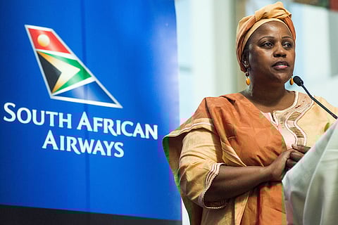 Duduzile Myeni, chairwoman of South African Airways (SAA), speaks during a visit to the company's offices by South Africa's President Jacob Zuma in Johannesburg, South Africa, on Friday, May 6, 2016. It appears to be just a matter of time before South Africas credit rating is cut to junk. Photographer: Waldo Swiegers/Bloomberg
