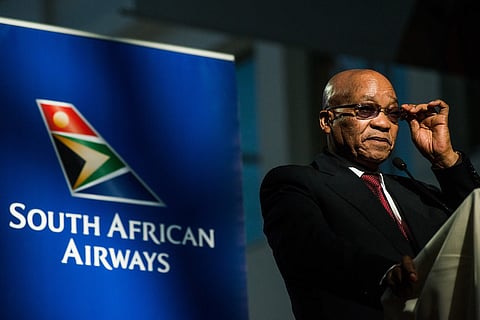 Jacob Zuma, South Africa's president, speaks during a visit to the offices of South African Airways (SAA) in Johannesburg, South Africa. Photographer: Waldo Swiegers/Bloomberg