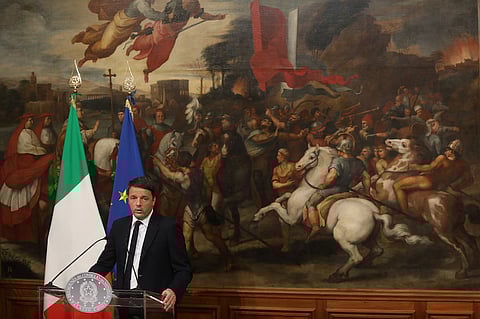 Matteo Renzi, Italy's prime minister, speaks at a news conference following the constitutional reform referendum results in Rome, Italy. Renzi resigned in the early hours of Monday after accepting defeat in a constitutional referendum he'd staked his job on. Photographer: Chris Ratcliffe/Bloomberg